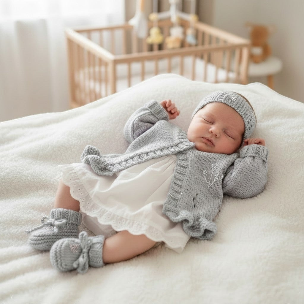 gemknits4kids hand-knitted silver lavender trimmed cardigan with matching headband and booties featuring delicate floral embroidery