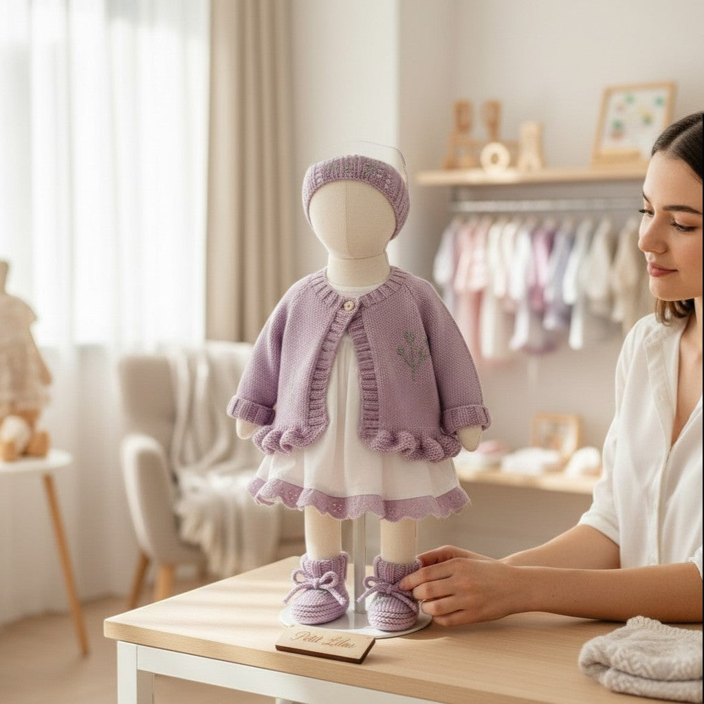 gemknits4kids hand-knitted lavender cardigan with matching headband and booties featuring delicate floral embroidery