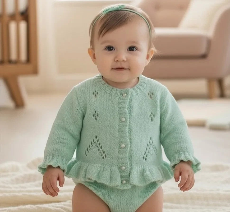 gemknits4kids baby girl wearing a mint green hand-knitted cardigan with lace details and a ruffled peplum hem