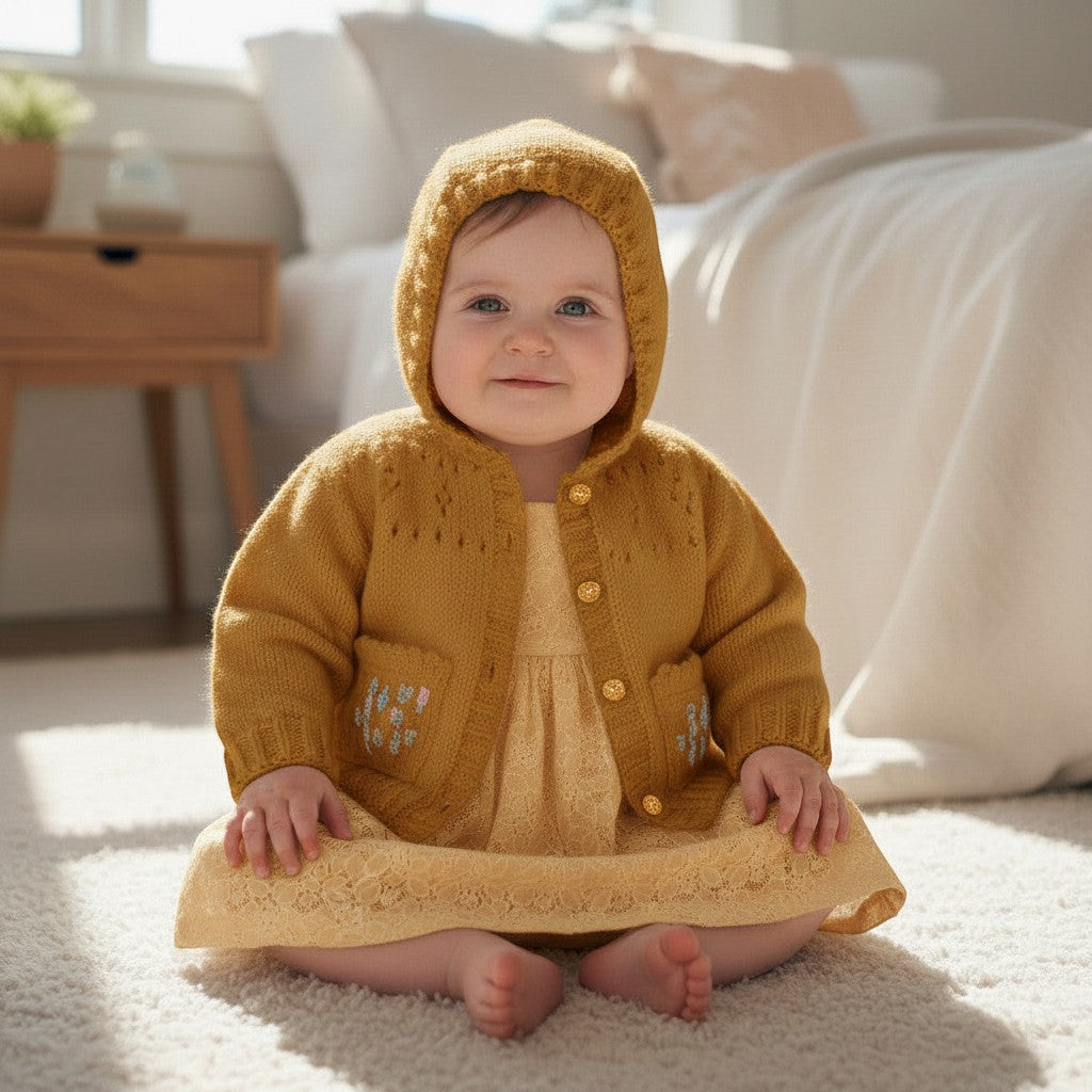 Baby girl wearing a mustard yellow gemknits4kids knit hoodie with floral embroidered pockets over a yellow dress