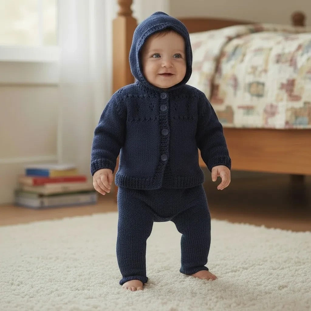 A baby wearing a navy blue hand-knitted hoodie and matching trousers from gemknits4kids, featuring delicate eyelet details.