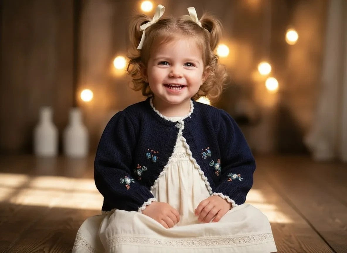 gemknits4kids navy blue knitted bolero cardigan for girls with delicate hand-stitched floral embroidery