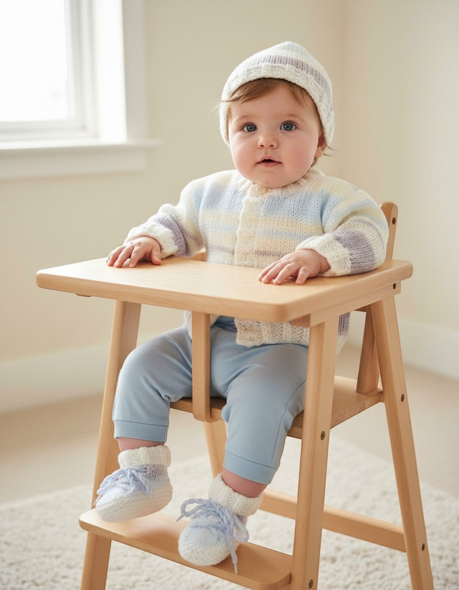 gemknits4kids pastel knitted baby cardigan with matching hat and booties worn by a baby in a wooden high chair
