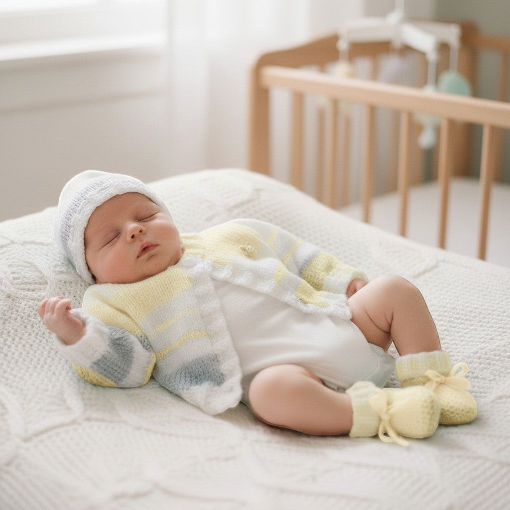 gemknits4kids pastel knitted baby cardigan, hat, and booties set worn by a sleeping newborn on a white blanket