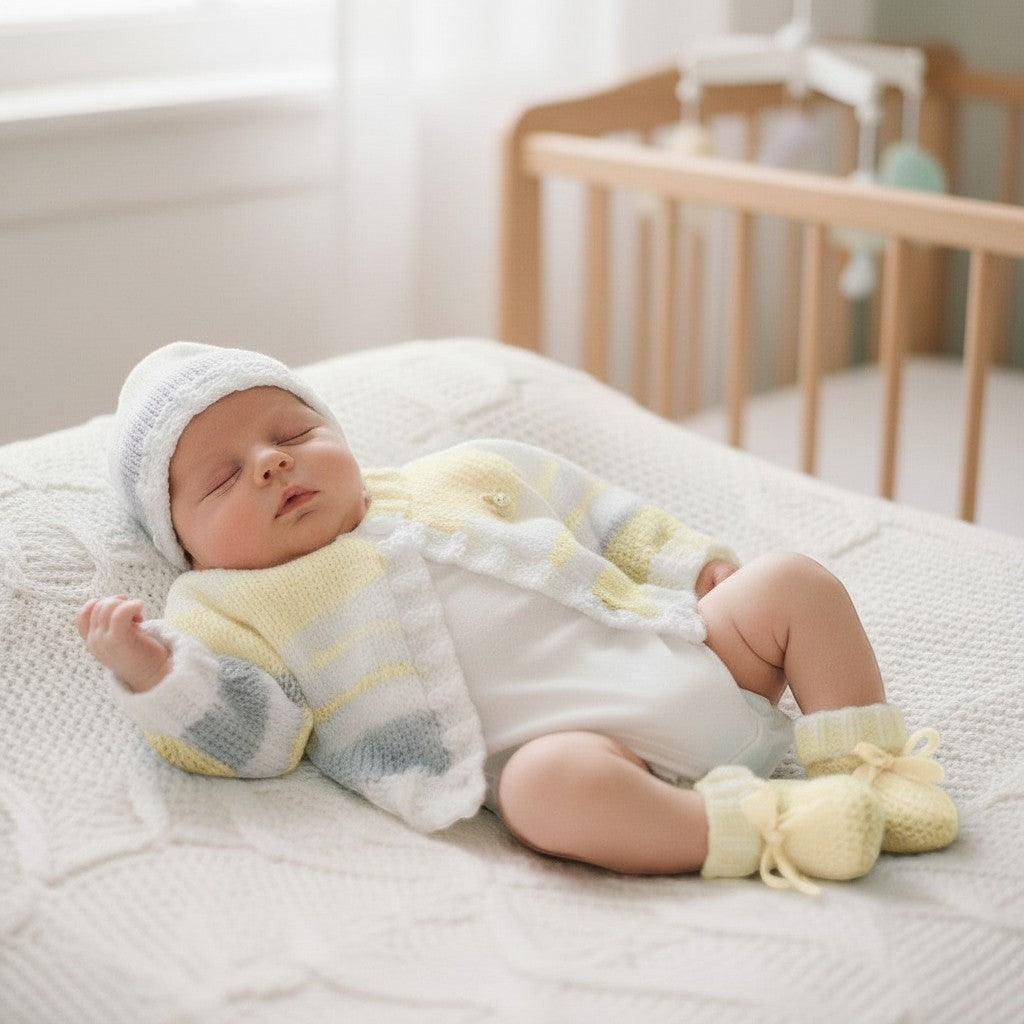 gemknits4kids pastel knitted baby cardigan, hat, and booties set on a sleeping newborn in a nursery crib