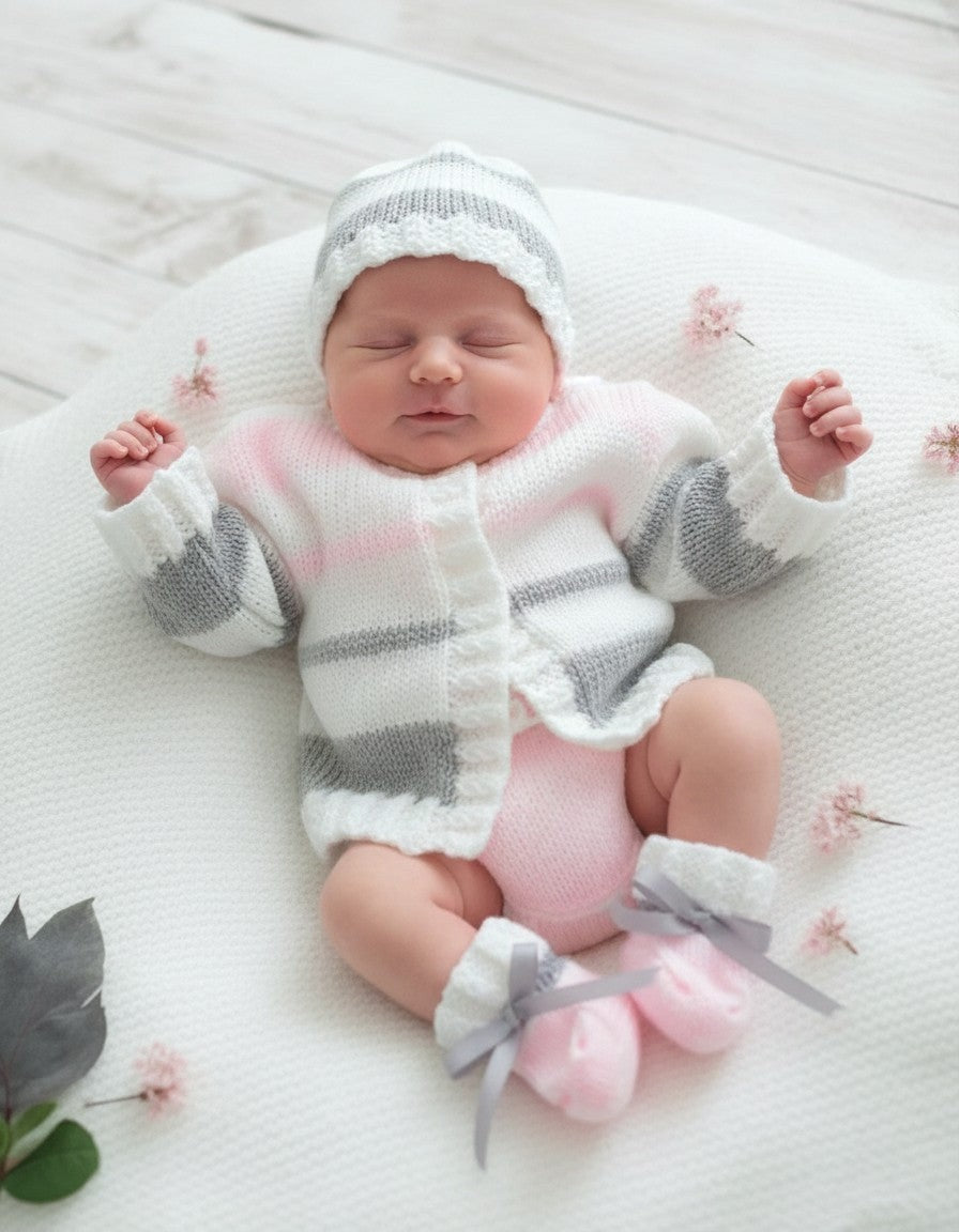 gemknits4kids pastel knitted baby cardigan with matching hat and booties on a sleeping newborn
