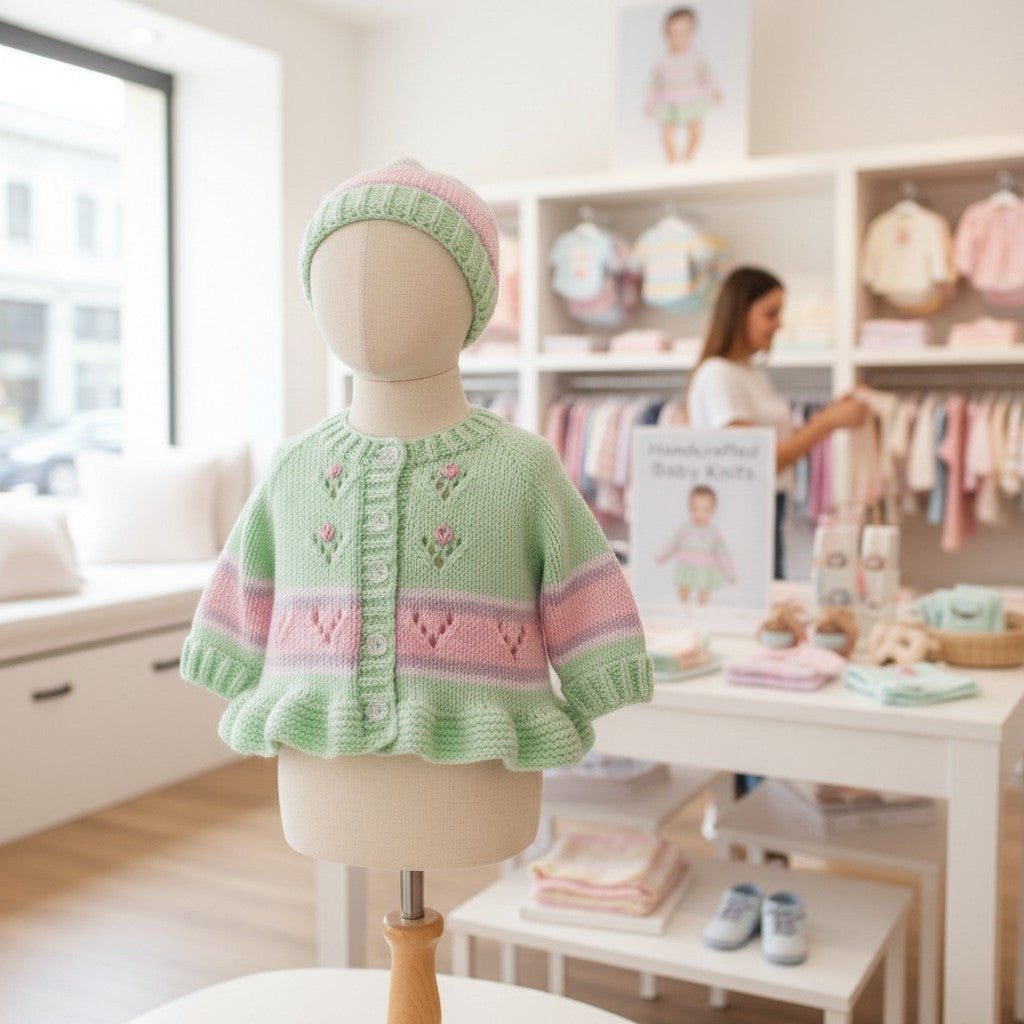 gemknits4kids hand knitted pastel green and pink cardigan with matching beanie hat featuring silk embroidered flowers