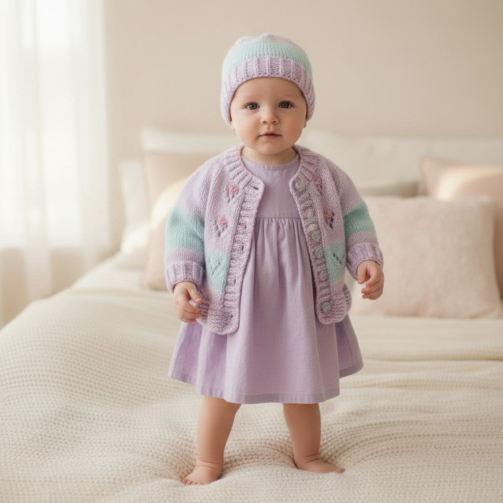 gemknits4kids hand knitted pastel rainbow cardigan and matching beanie hat with floral embroidery on a baby girl