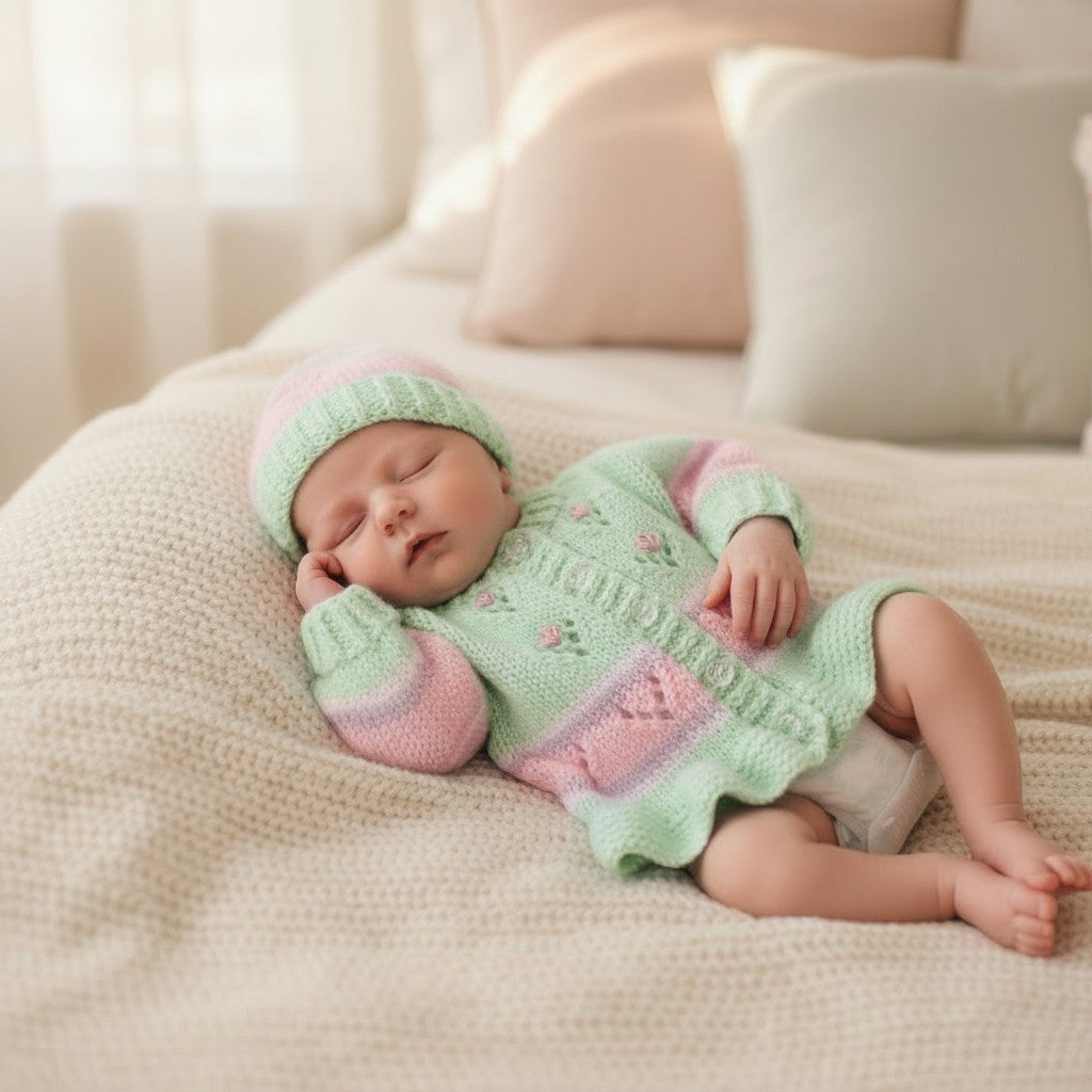 gemknits4kids hand knitted pastel green and pink cardigan with matching beanie hat featuring silk embroidered flowers
