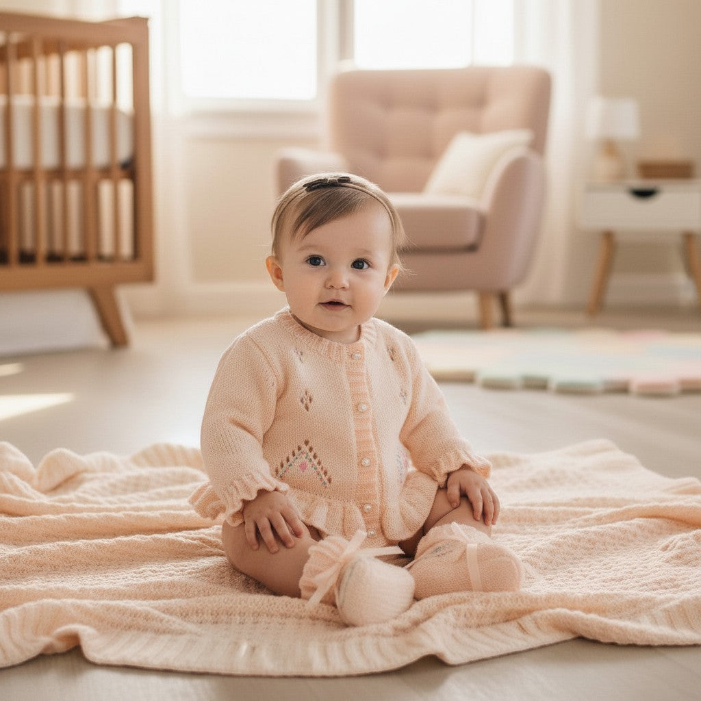 gemknits4kids baby girl wearing a soft peach hand-knitted cardigan with lace patterns and silk flower embroidery