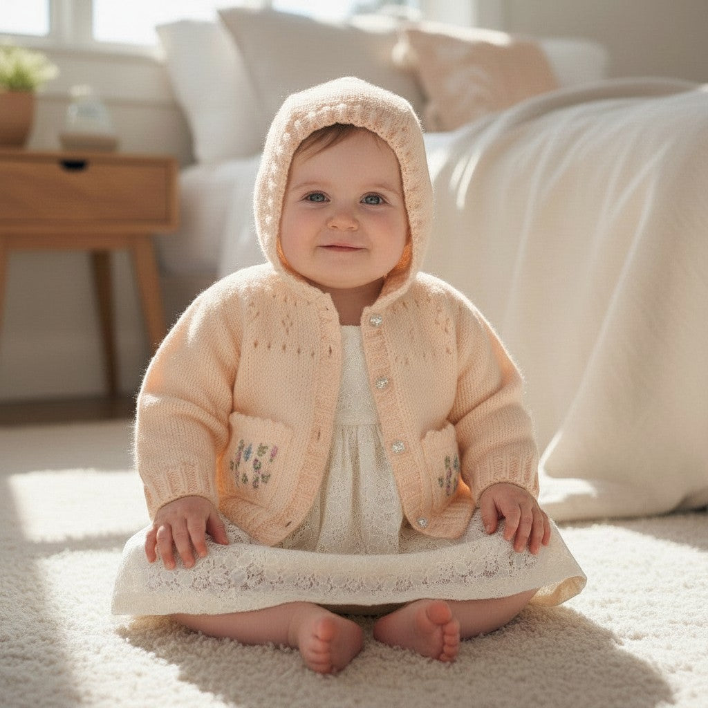 Baby girl wearing a gemknits4kids peach knit hoodie with floral embroidered pockets over a white lace dress.