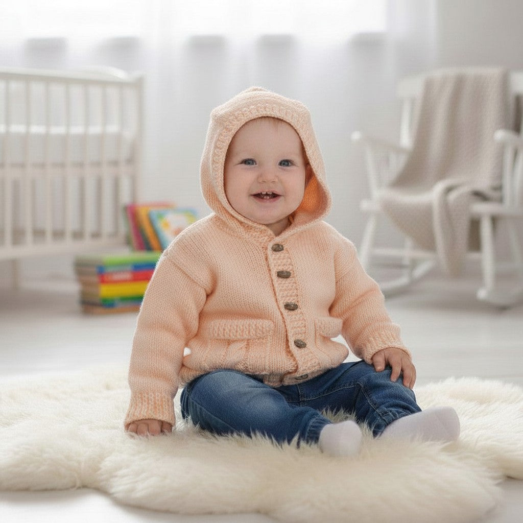 gemknits4kids baby wearing a soft peach knitted hooded jacket with buttons and pockets, sitting on a white rug.