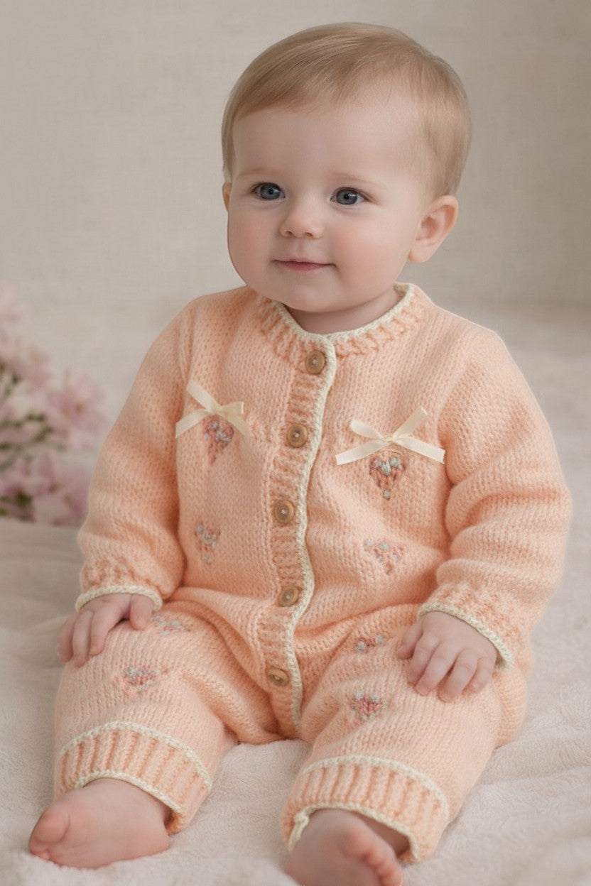 gemknits4kids baby girl wearing a peach knitted romper with hand-embroidered flowers and cream ribbon bows.