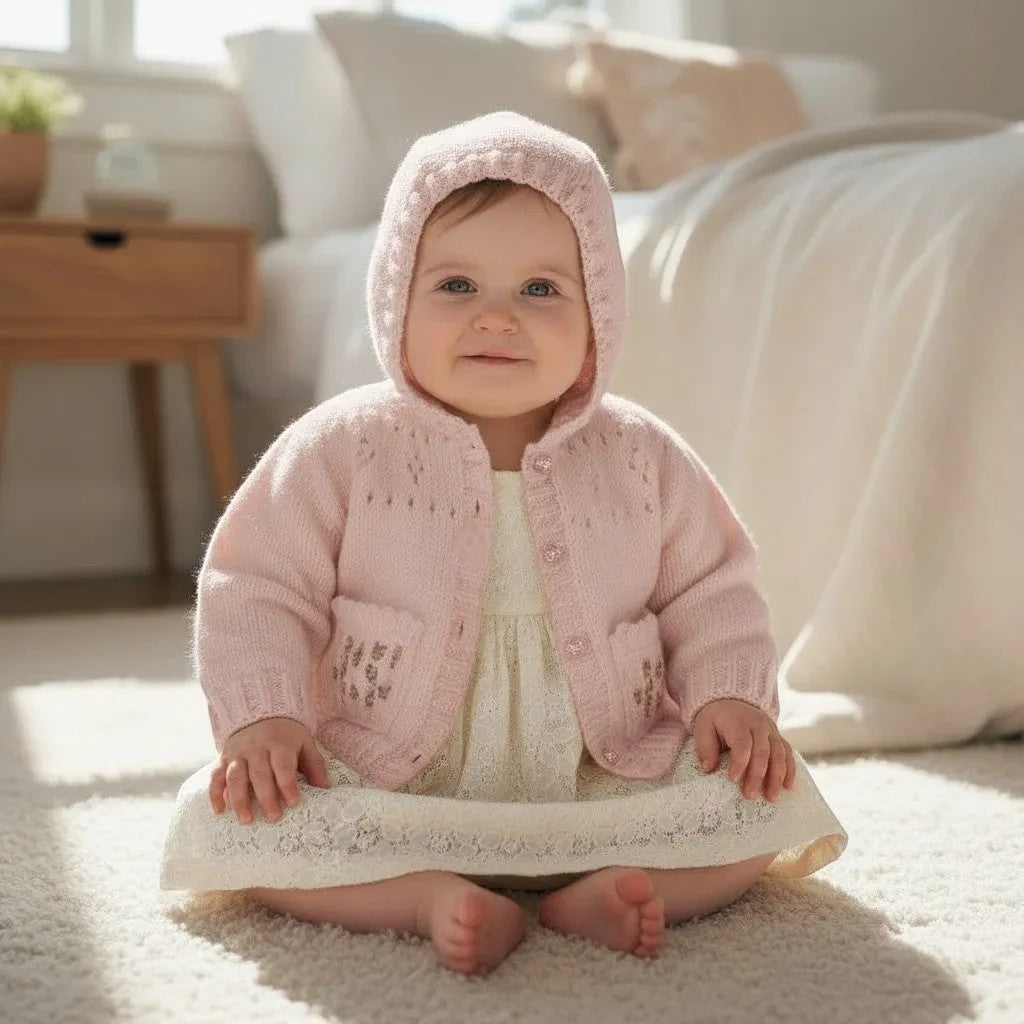 gemknits4kids baby girl wearing a soft pink knit hoodie with floral embroidered pockets and open-work detailing