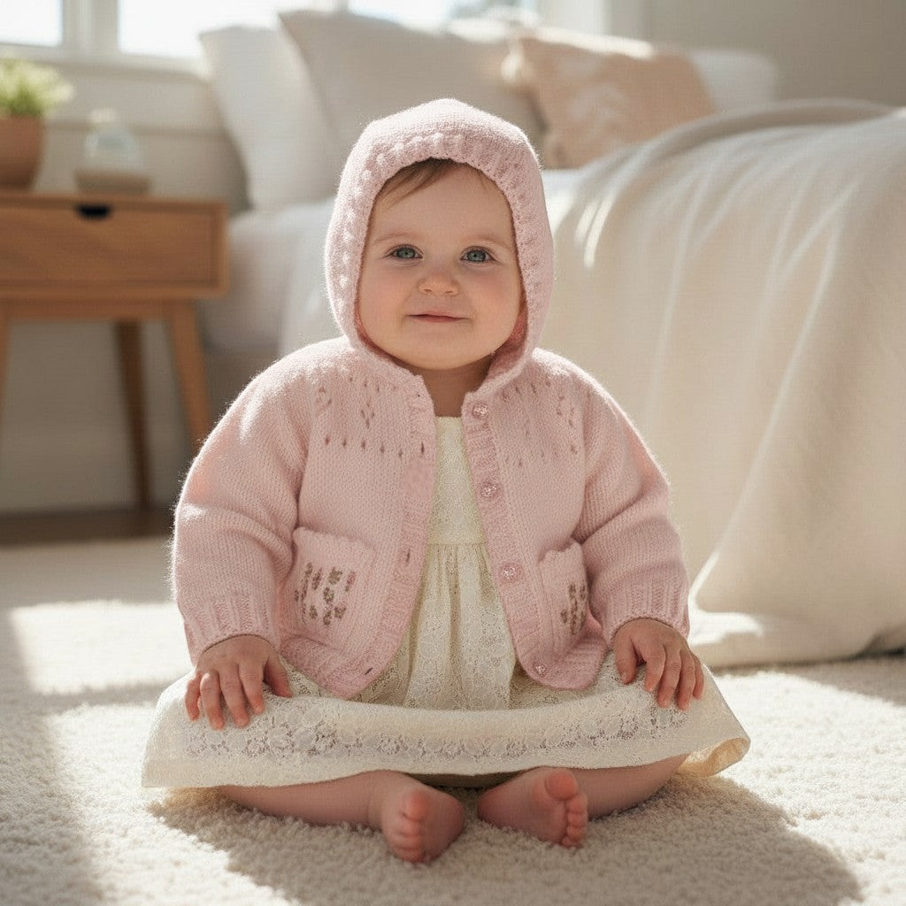 gemknits4kids baby girl wearing a soft pink knit hoodie with embroidered pockets over a cream lace dress