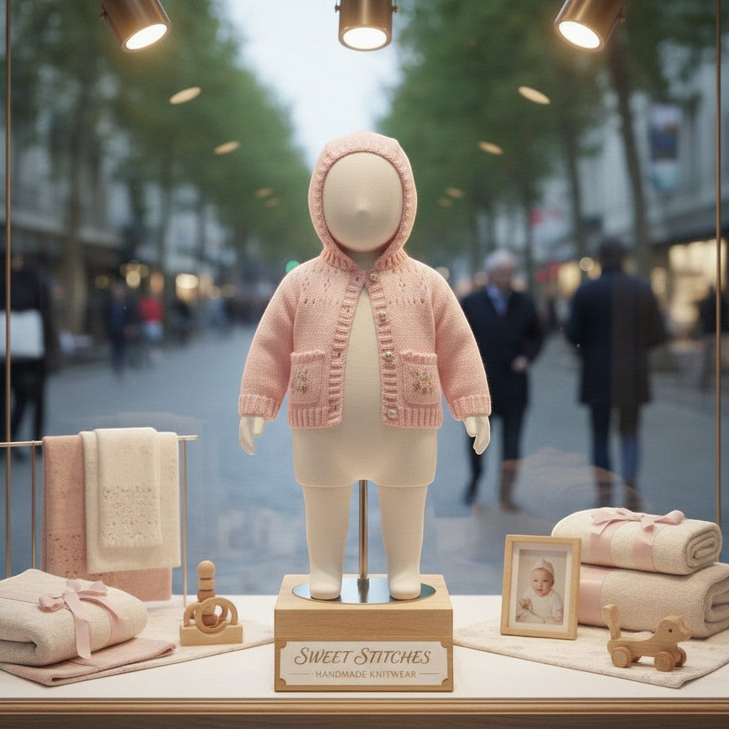 gemknits4kids baby girl pink knit hoodie with embroidered pockets displayed on a mannequin in a shop window