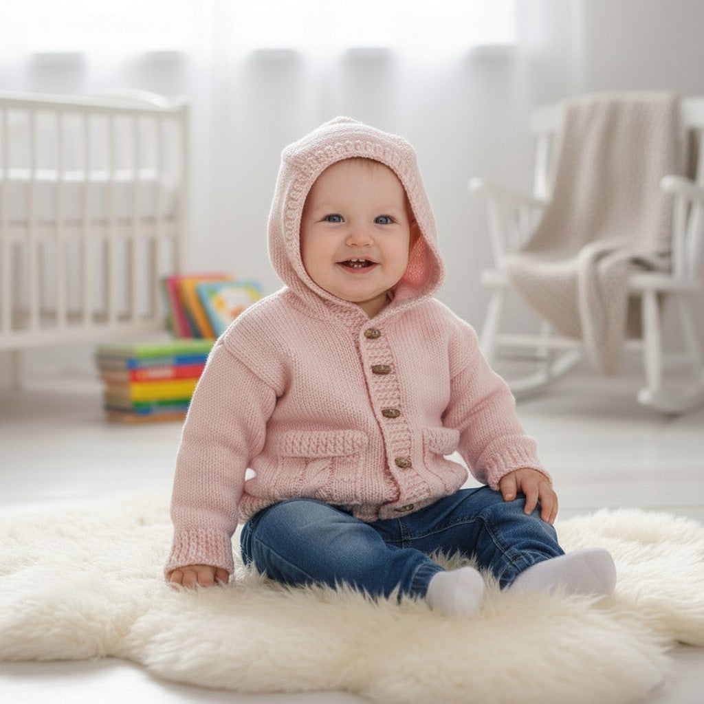 Baby wearing a soft pink gemknits4kids knitted hooded jacket with wooden buttons and pockets, sitting on a rug.