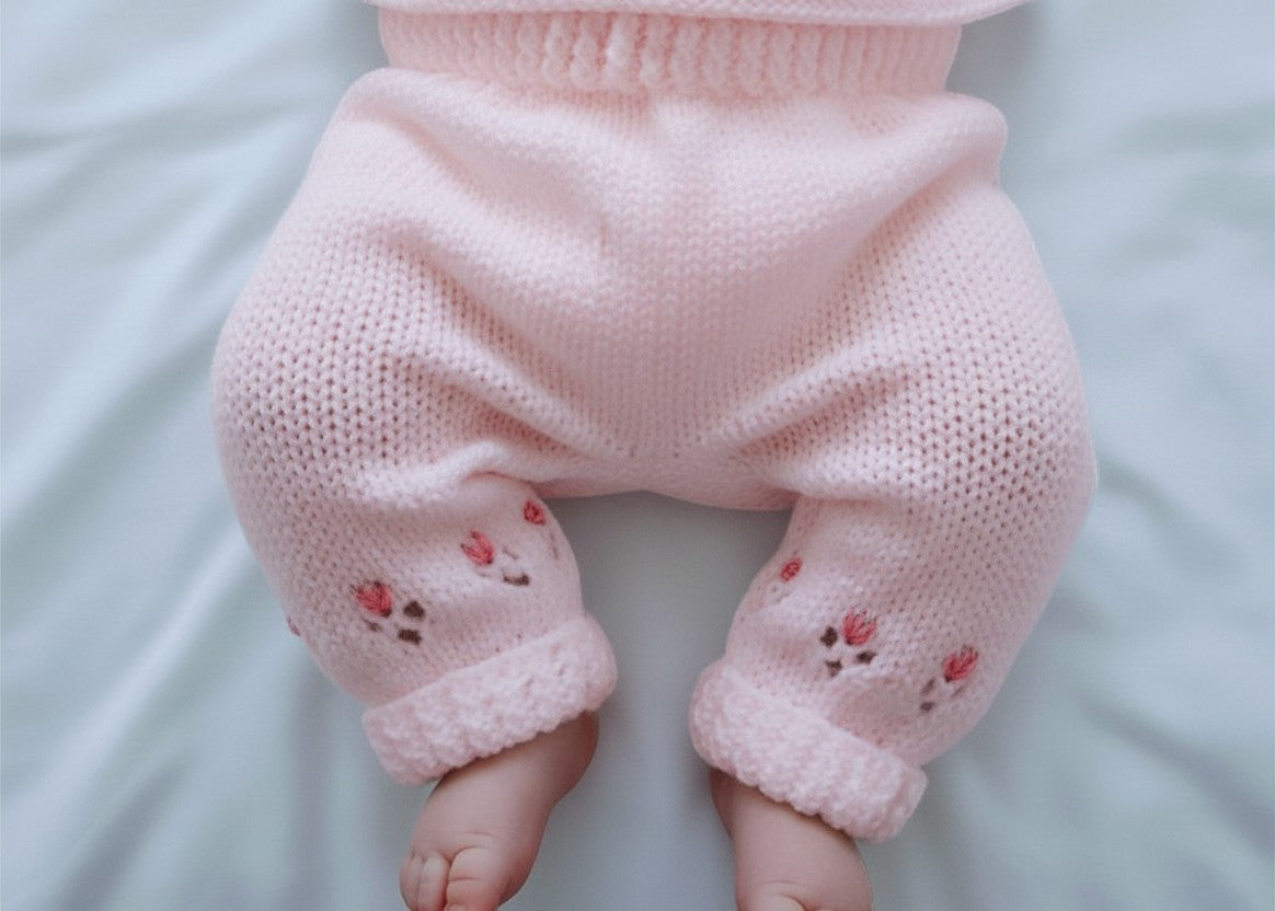 gemknits4kids hand knitted baby leggings in soft pink acrylic yarn with delicate floral embroidery on the cuffs