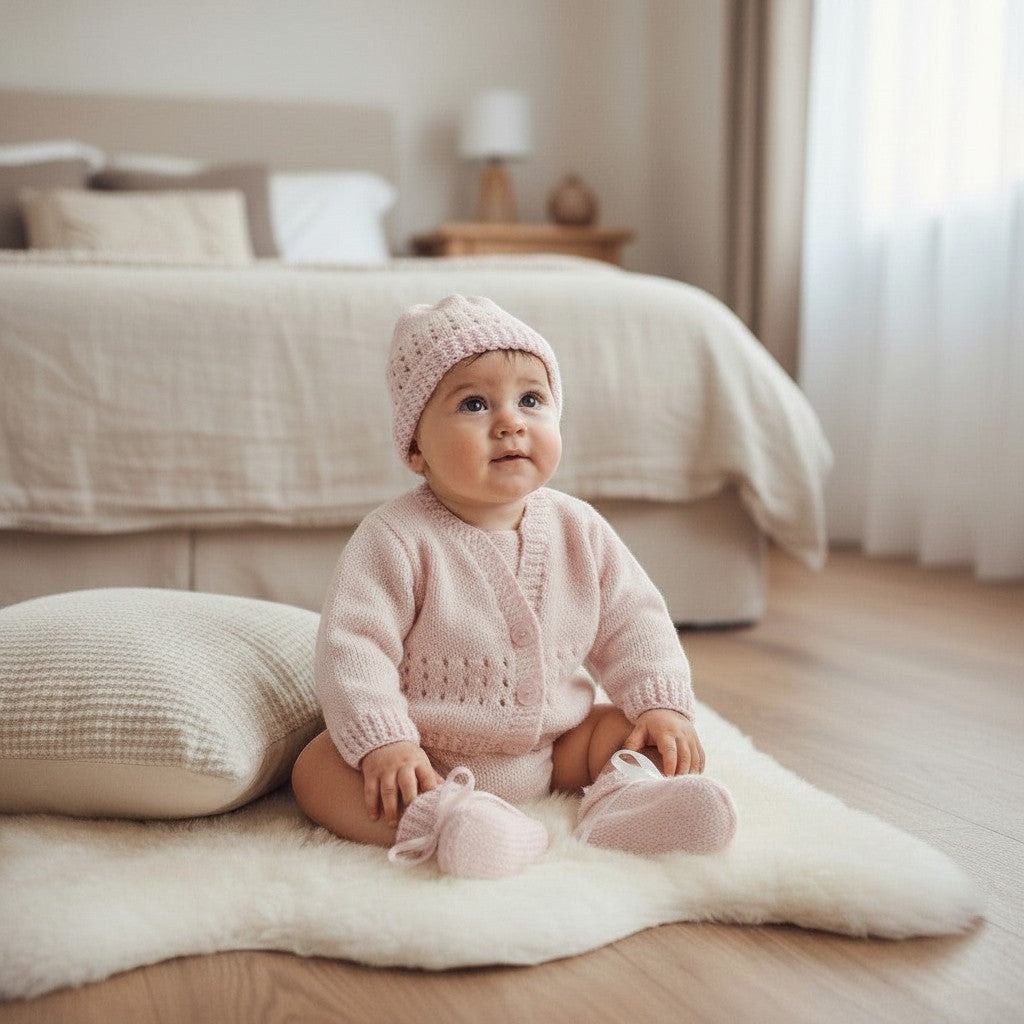gemknits4kids baby wearing a soft pink hand-knitted cardigan, hat, and booties set sitting on a white rug in a bedroom.