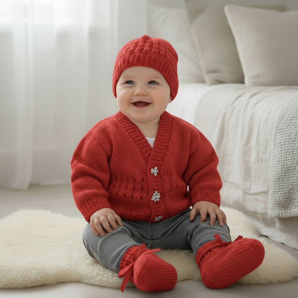 gemknits4kids hand knitted red baby cardigan, matching beanie, and ribbon-tied booties on a smiling baby boy