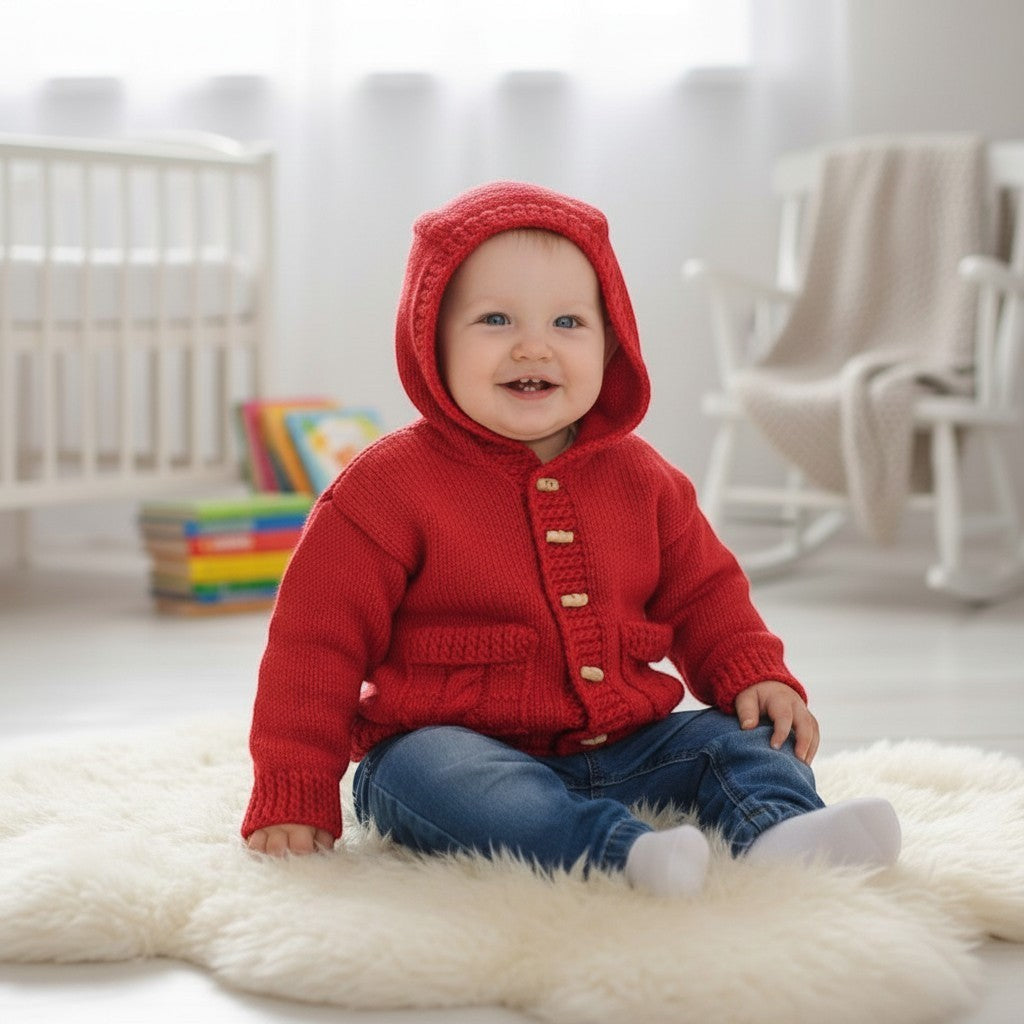 gemknits4kids baby wearing a soft red knitted hooded jacket with buttons and pockets, sitting on a white rug.