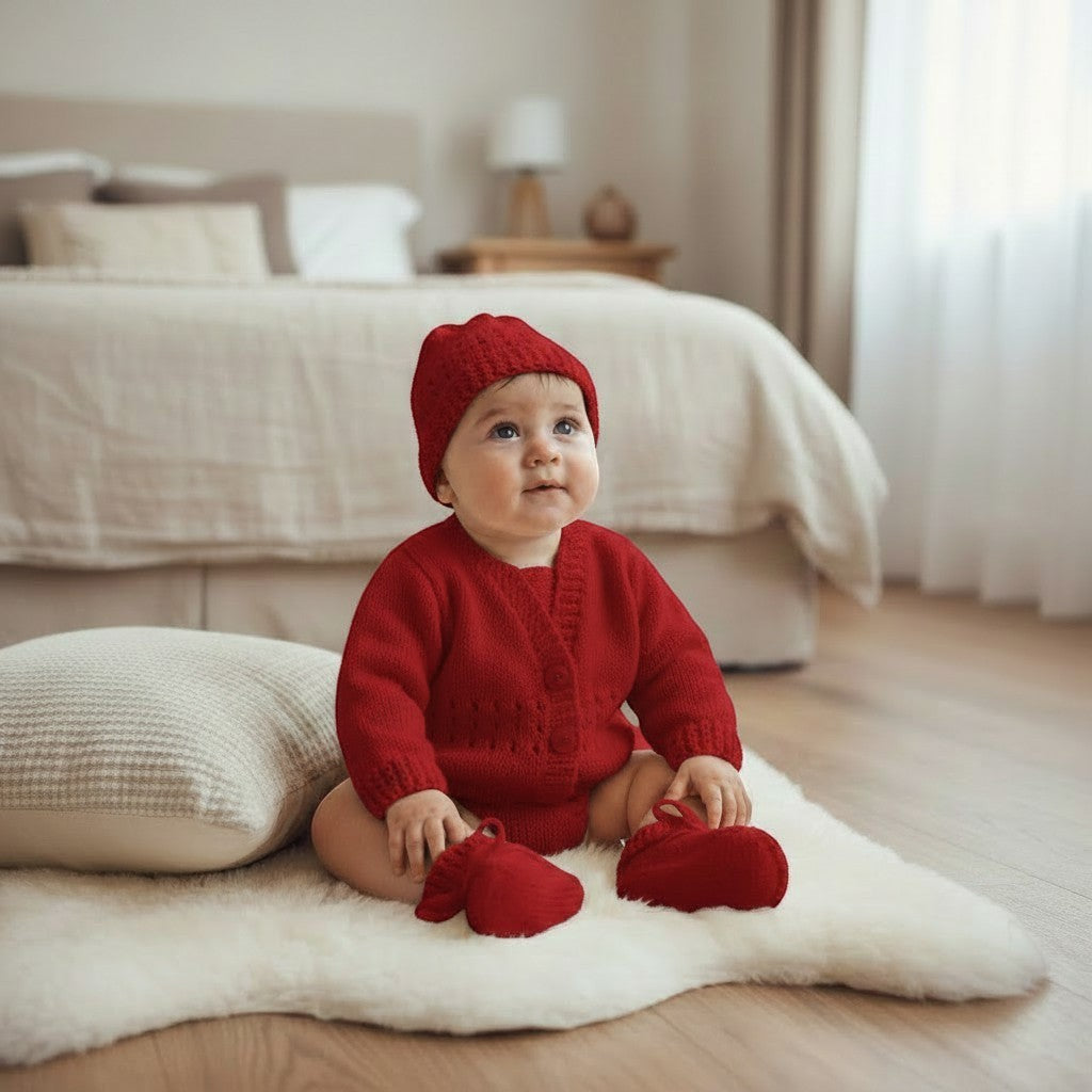 gemknits4kids baby wearing a soft red hand-knitted cardigan, hat, and booties set sitting on a white rug in a bedroom.