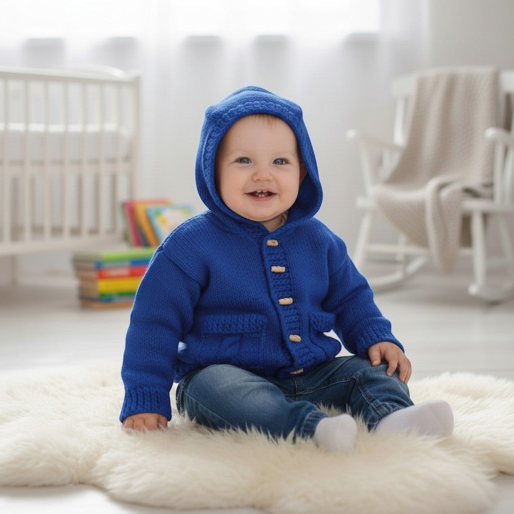 gemknits4kids baby wearing a soft royal knitted hooded jacket with buttons and pockets, sitting on a white rug.