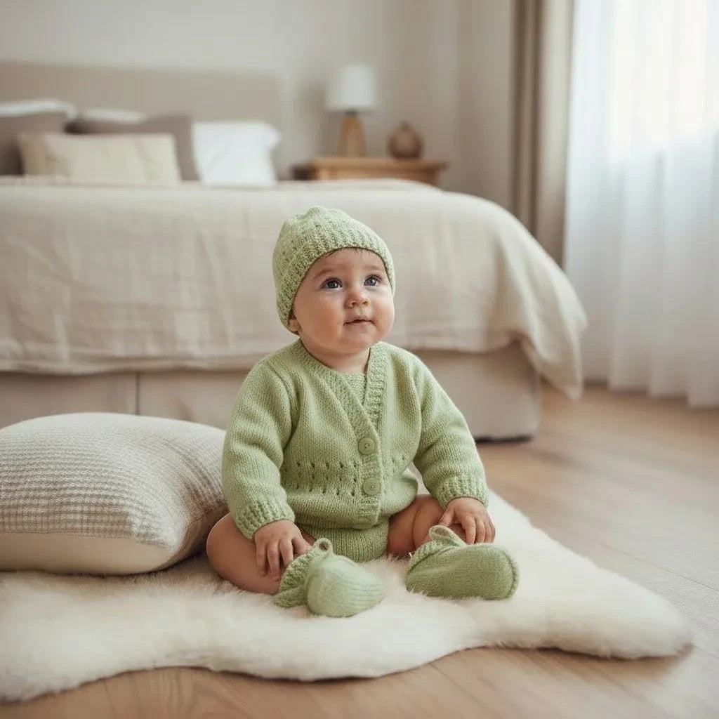 gemknits4kids baby wearing a sage green hand-knitted cardigan, hat, and booties set on a soft rug in a bedroom