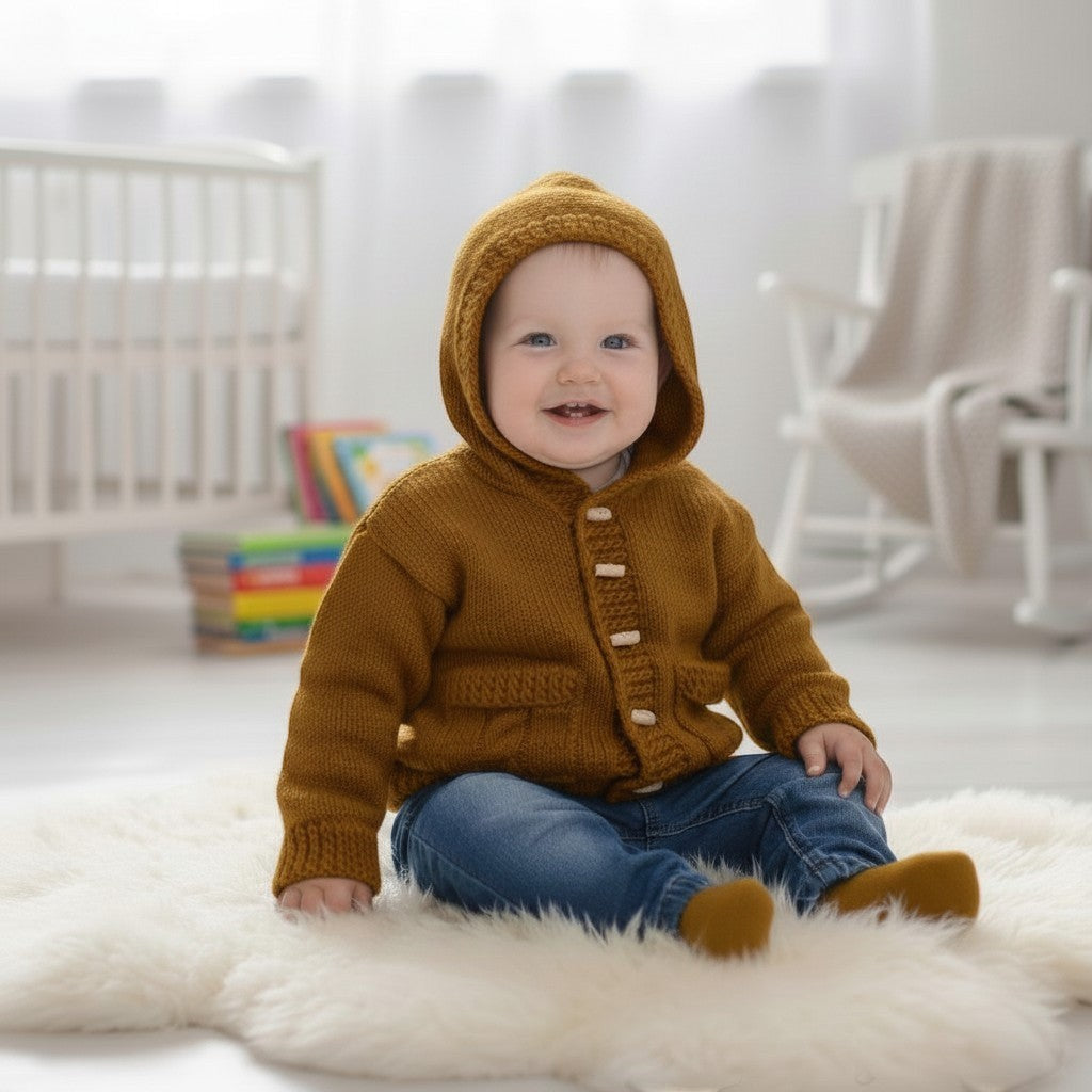 gemknits4kids baby wearing a soft spice knitted hooded jacket with buttons and pockets, sitting on a white rug.