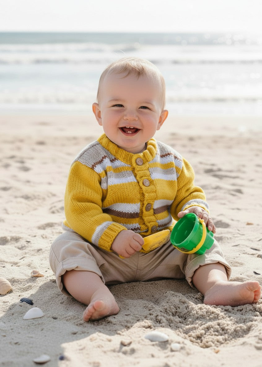gemknits4kids baby boy wearing a yellow and grey striped hand-knitted acrylic cardigan with wooden buttons on a beach