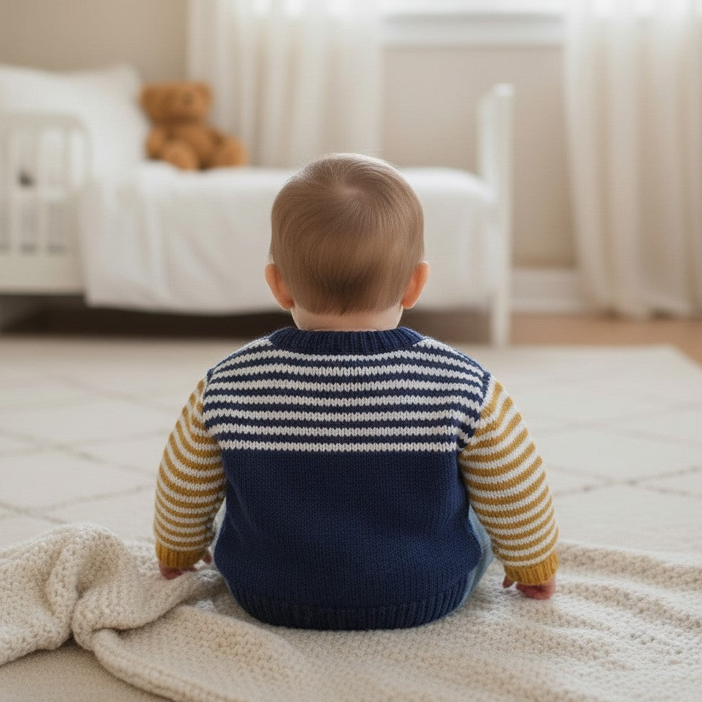 gemknits4kids baby boy wearing a navy and mustard striped crew neck cardigan made from soft wool blend yarn