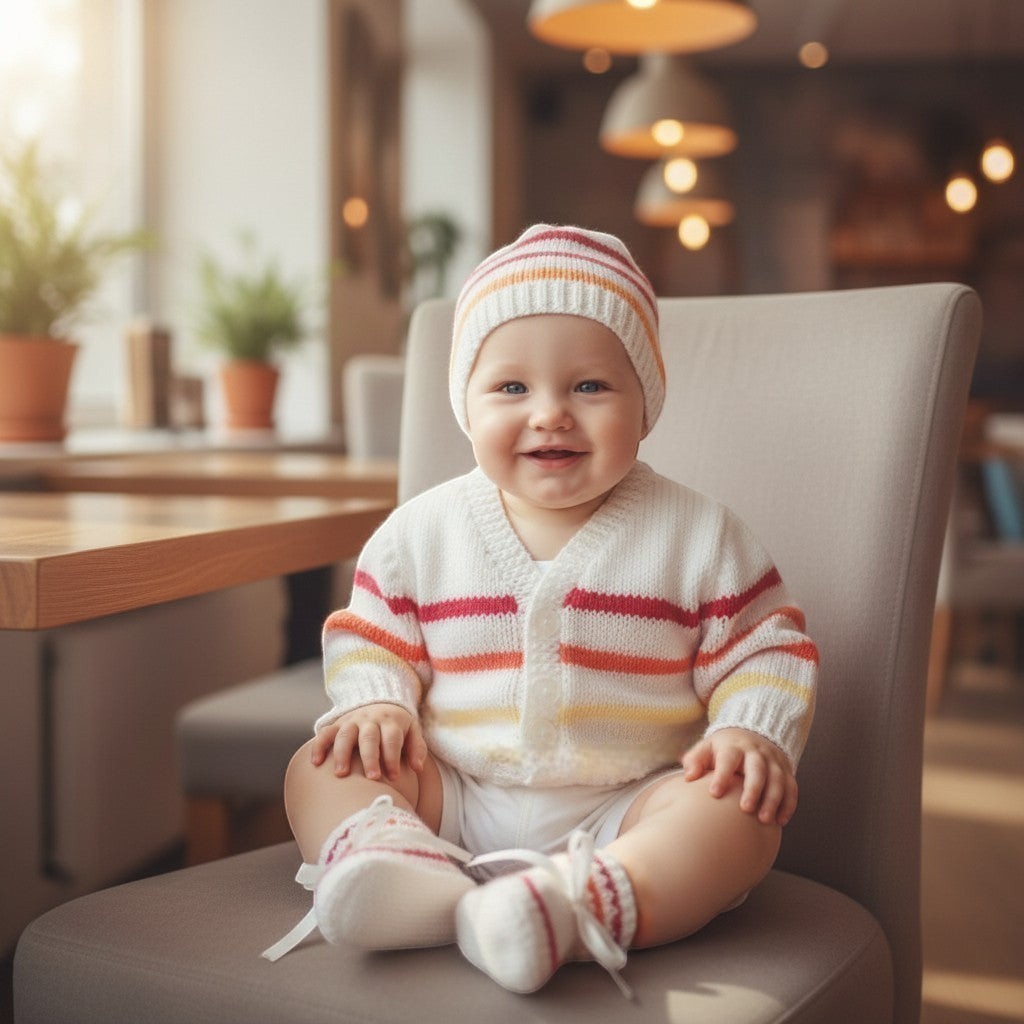 gemknits4kids baby wearing a cozy white knitted cardigan and matching hat with citrus-colored stripes on a chair