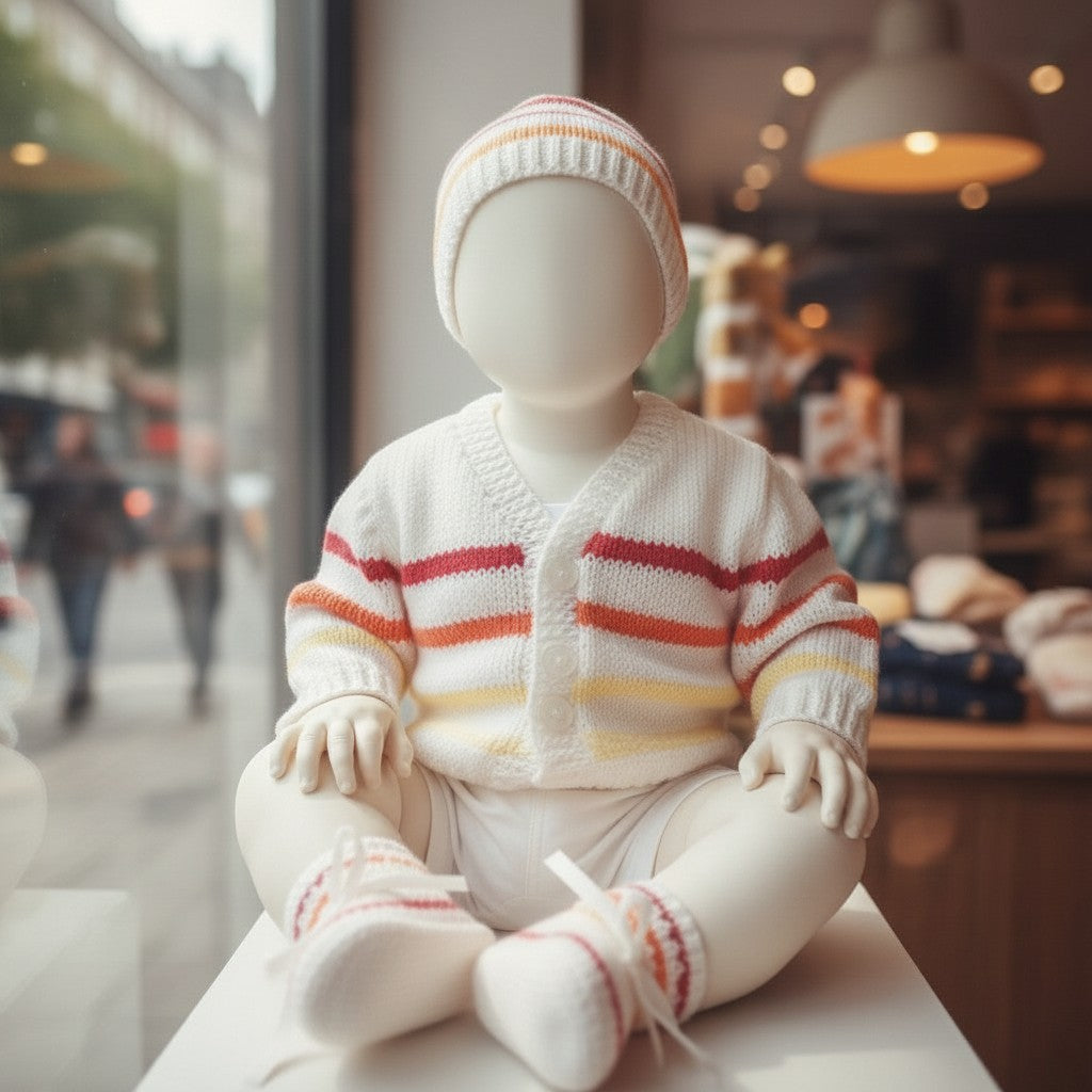 gemknits4kids Sunshine Stripes knitted baby outfit with citrus-colored stripes, matching hat, and booties on a mannequin.