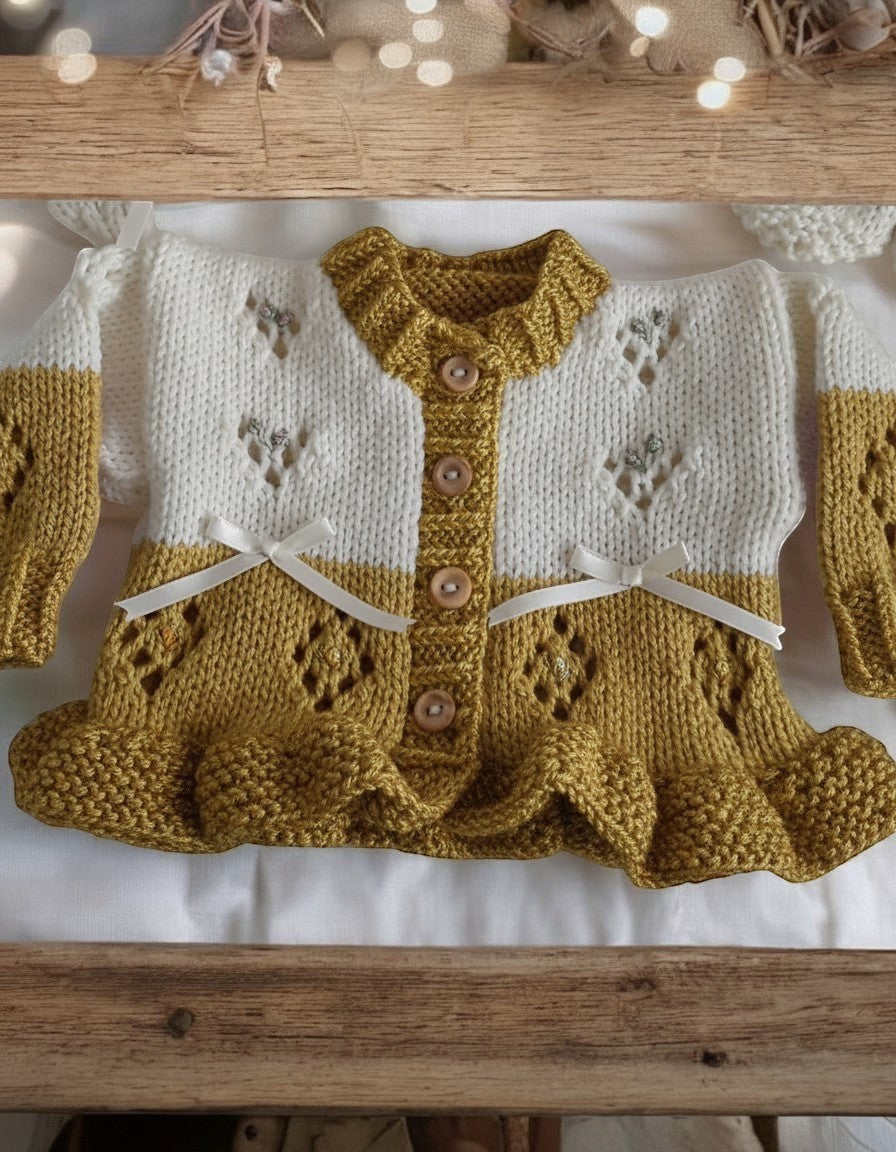 gemknits4kids two-tone mustard and white hand-knitted baby cardigan with frills, silk embroidery, and wooden buttons