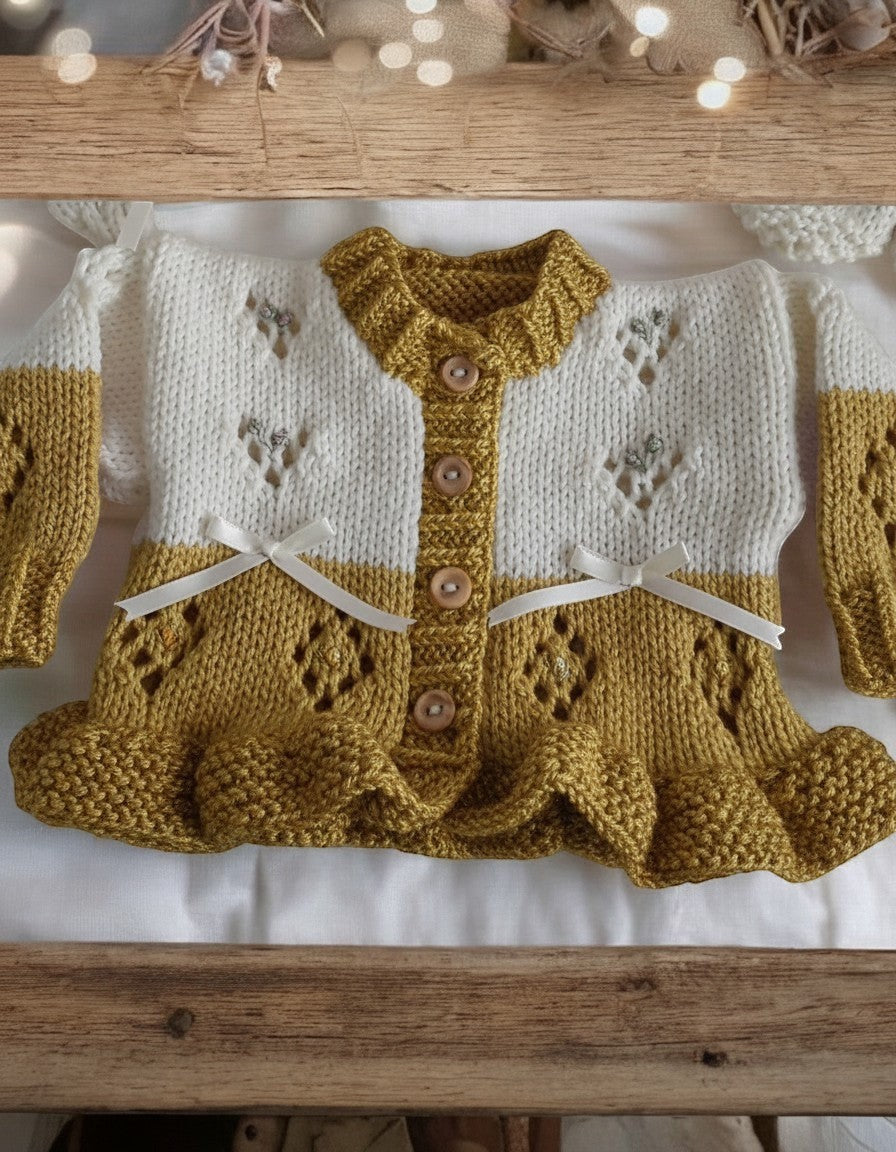 gemknits4kids two-tone mustard and cream hand-knitted baby cardigan with frills, silk embroidery, and wooden buttons