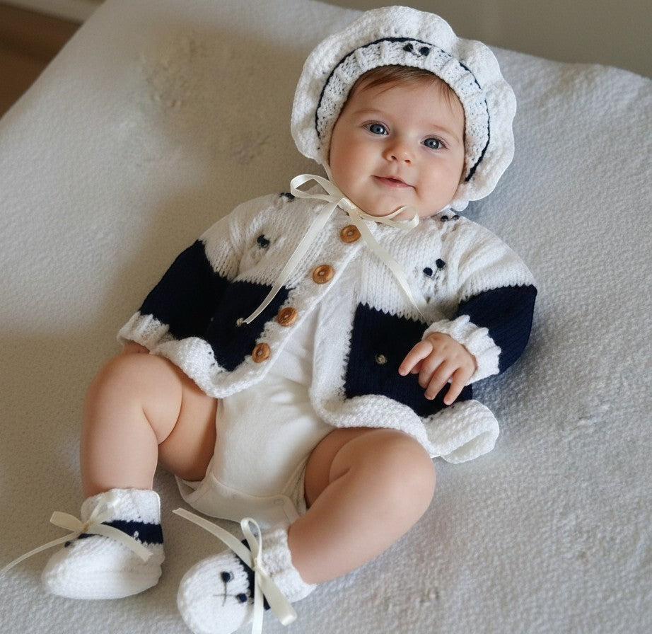 gemknits4kids baby girl wearing a two-tone navy and white hand-knitted frilly cardigan, bonnet, and matching booties.
