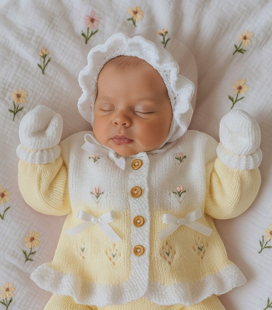 gemknits4kids baby girl wearing a two-tone yellow and white hand-knitted cardigan, frilly bonnet, and mittens.