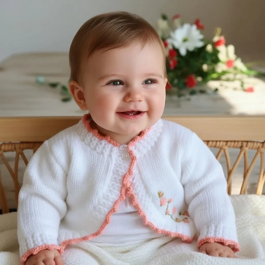 gemknits4kids white hand-knitted bolero cardigan for girls with peach trim and delicate floral embroidery