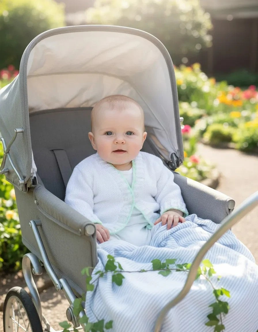 Baby wearing a white gemknits4kids hand knitted cardigan with a scalloped hem, sitting in a grey stroller outdoors.