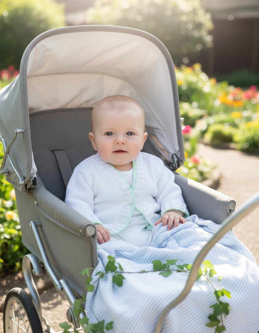 gemknits4kids white hand knitted baby cardigan with scalloped hem worn by a baby sitting in a grey stroller outdoors