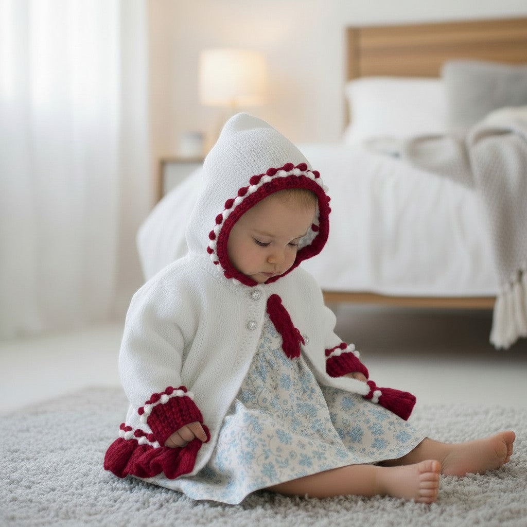 gemknits4kids baby girl white knit hooded cardigan with red bobble trim and flower embroidery worn by a toddler