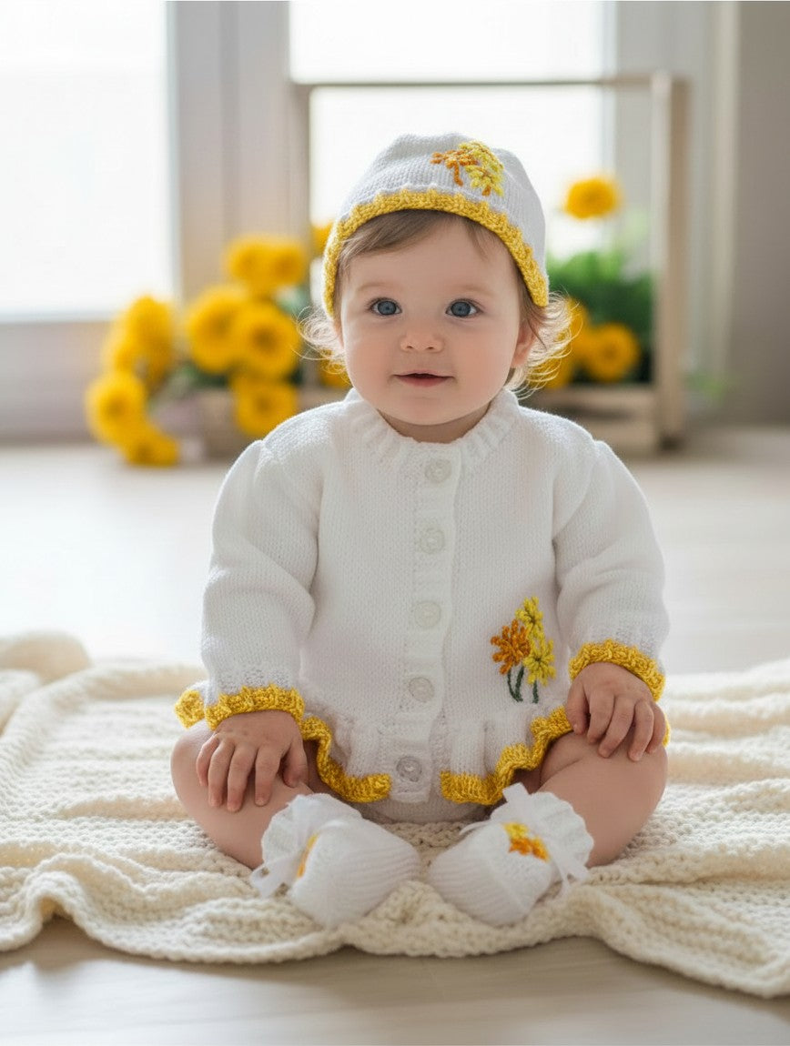 Baby girl wearing a white gemknits4kids hand-knitted cardigan with yellow floral embroidery, matching hat and booties.