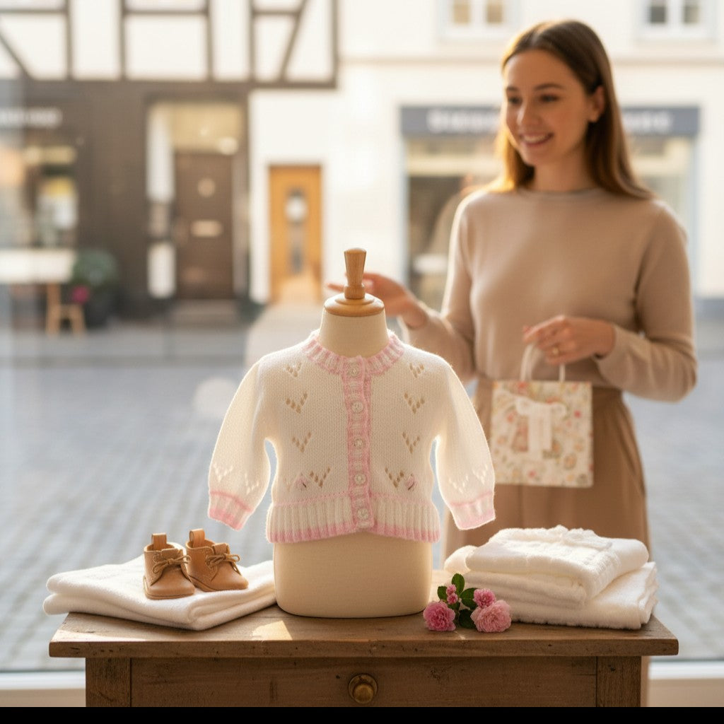 gemknits4kids white hand-knitted baby girl cardigan with pastel pink trim and delicate patterns on a mannequin