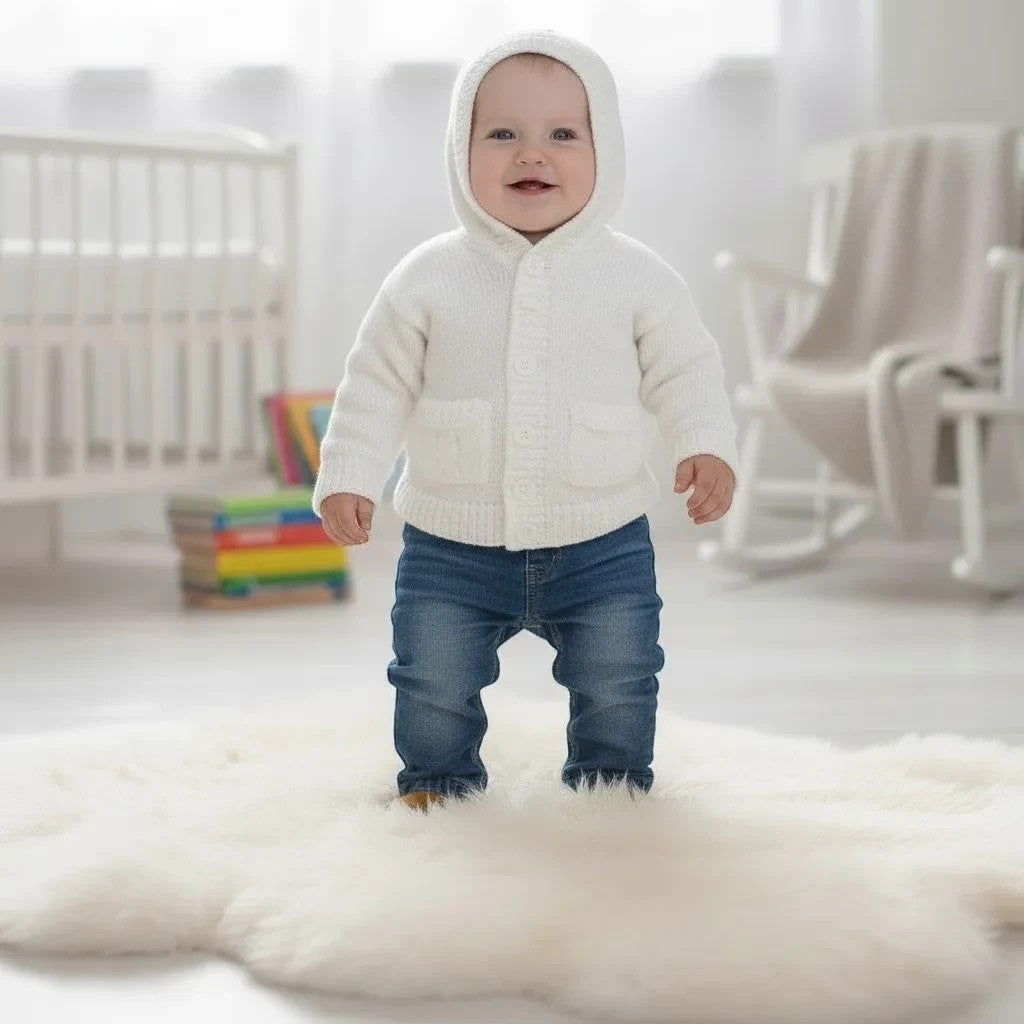 gemknits4kids gender neutral white knitted baby hoodie with front pockets worn by a smiling baby in a nursery