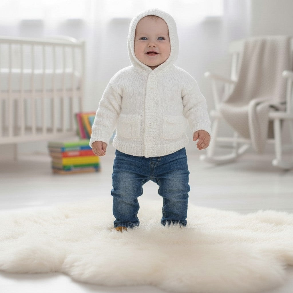 gemknits4kids white knitted baby hoodie with front pockets worn by a smiling baby standing on a soft rug