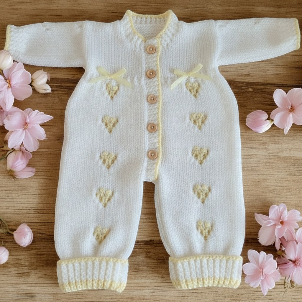 gemknits4kids white hand knitted baby romper with yellow embroidery, front buttons, and ribbon bows