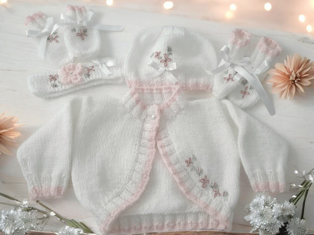 gemknits4kids white hand-knitted bolero cardigan with pink embroidery