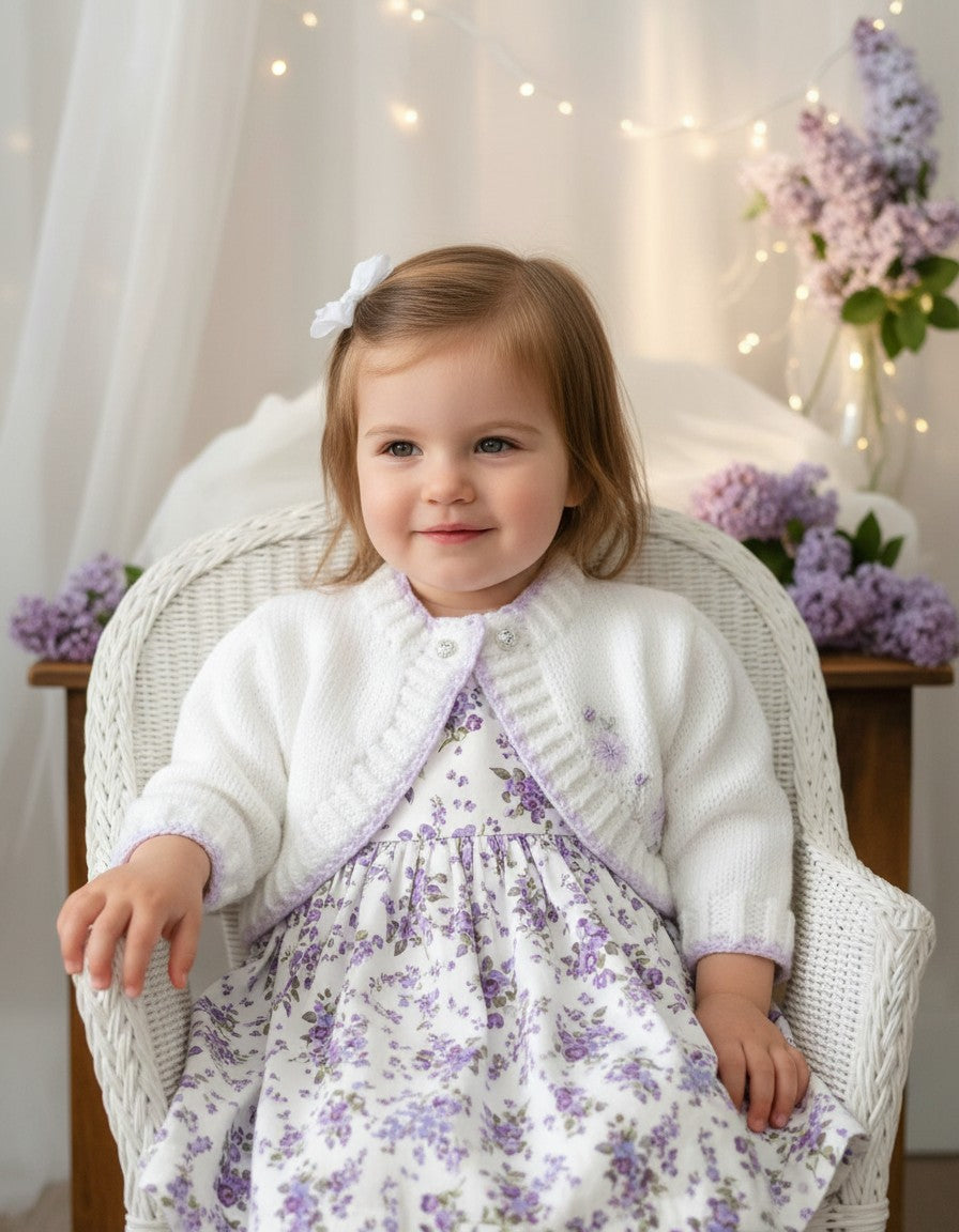 gemknits4kids white hand-knitted bolero cardigan with lilac embroidery worn by a toddler in a floral dress