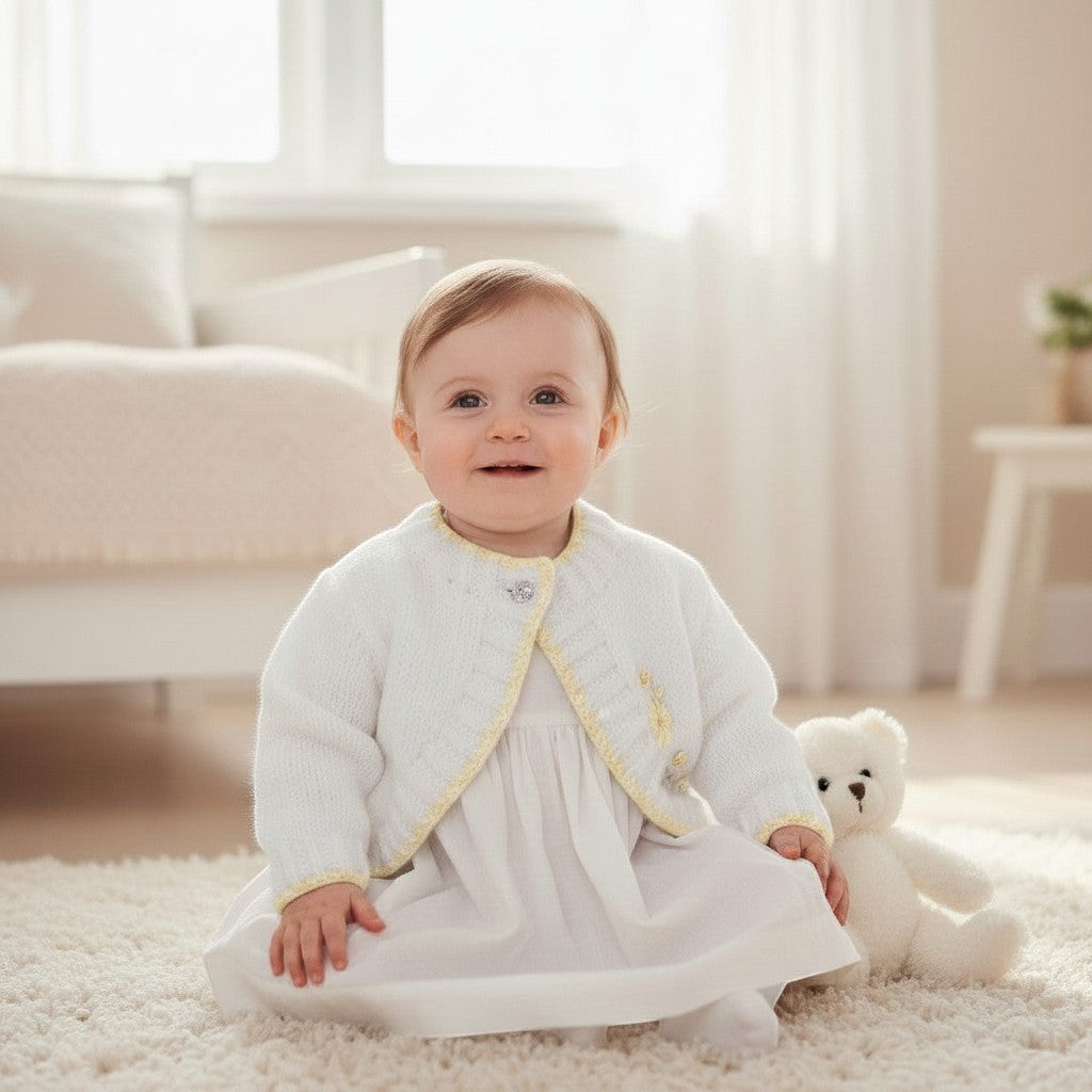 gemknits4kids white hand-knitted bolero cardigan with yellow trim and embroidery worn by a baby girl