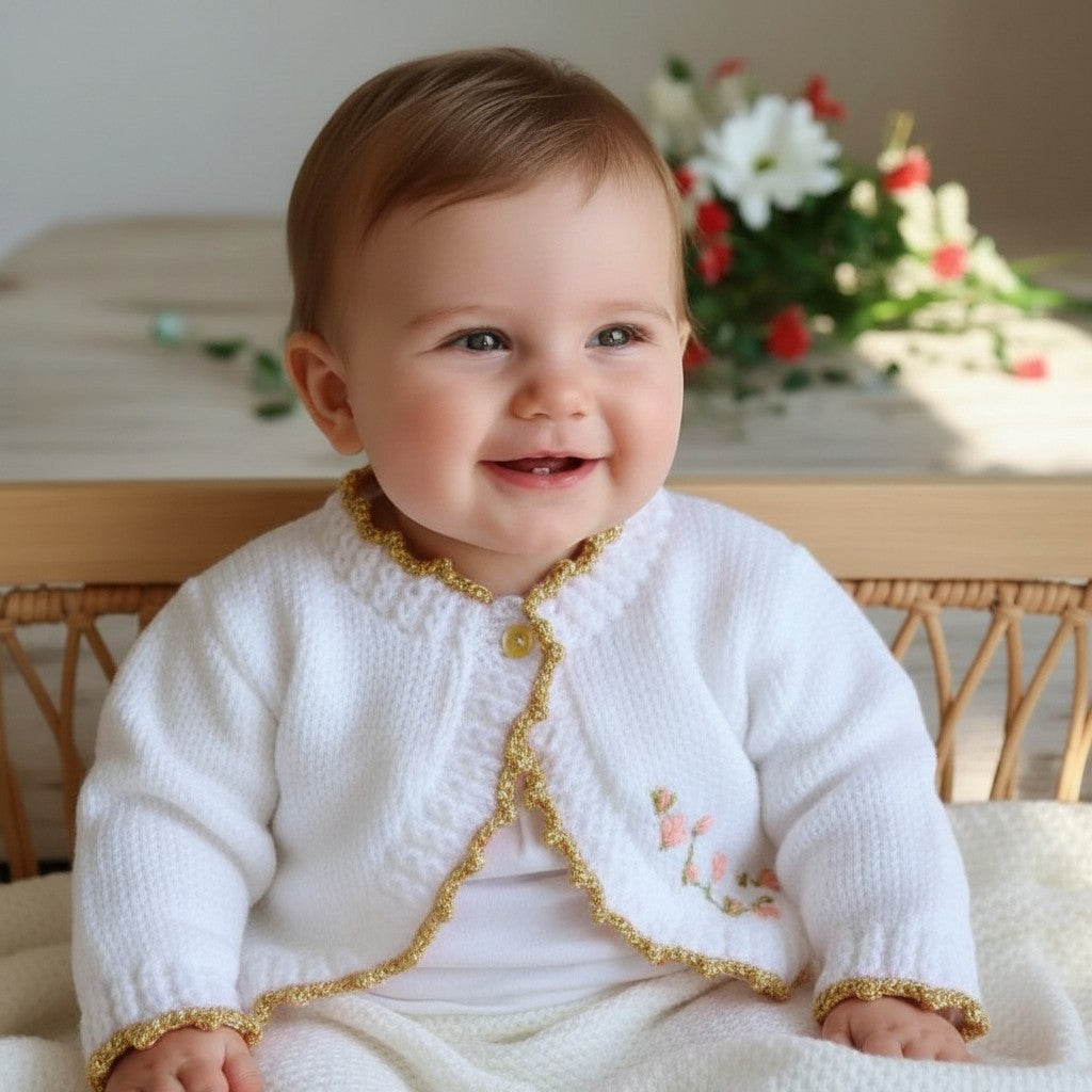 gemknits4kids white hand-knitted bolero cardigan for baby girls with gold trim and delicate floral embroidery
